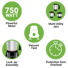 Load image into Gallery viewer, INALSA Mixer Grinder 750Watt- MaxxBlend 750 with 3 Stainless Steel Jars (For Dry Grinding, Wet Grinding, Chutneys, (Black/ Grey) - KOCHEN ESSENTIAL
