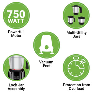INALSA Mixer Grinder 750Watt- MaxxBlend 750 with 3 Stainless Steel Jars (For Dry Grinding, Wet Grinding, Chutneys, (Black/ Grey) - KOCHEN ESSENTIAL