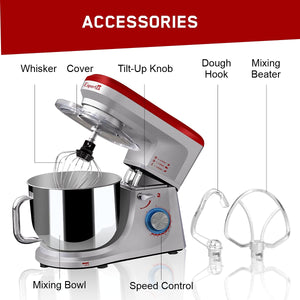 INALSA Stand Mixer Professional Esperto-1400W | 100% Pure Copper Motor| 6L SS Bowl| Includes Whisking Cone, Mixing Beater & Dough Hook (Silver/Red)