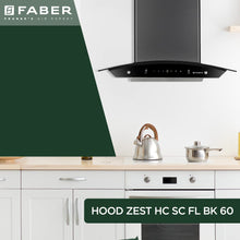 Load image into Gallery viewer, Faber 60 cm 1100 m³/hr Auto-Clean curved glass Kitchen Chimney (HOOD ZEST HC SC FL BK 60, Filterless technology,Touch &amp; Gesture Control, Black)

