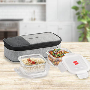 Cello Delighta Square Borosilicate Lunch Box with Jacket, 320ml, Set of 2, Clear