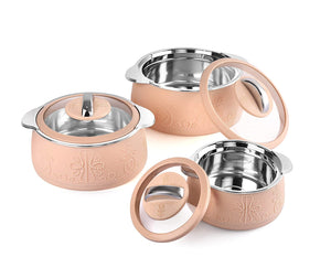Cello Royale Combo of 3 Casseroles with Insulated Stainless Steel and Glass Lid, Capacity - 600+1100+1600ml, Beige