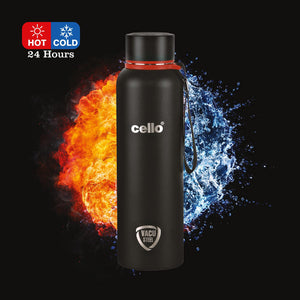 Cello Duro Tuff Steel Series- Kent Double Walled Stainless Steel Water Bottle with Durable DTP Coating, 900ml, Black