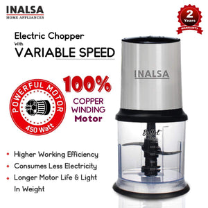 Inalsa Chopper Bullet 400W with Variable Speed and Pure Copper Motor, Dual Layered Blade, 500ml Capacity (Black/Silver) - KOCHEN ESSENTIAL
