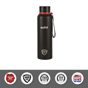 Cello Duro Tuff Steel Series- Kent Double Walled Stainless Steel Water Bottle with Durable DTP Coating, 900ml, Black