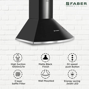 Faber 60 cm 1000 m³/HR Pyramid Kitchen Chimney (HOOD CLASS PRO PB BK LTW 60, Baffle Filters,Black)