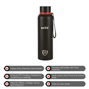 Cello Duro Tuff Steel Series- Kent Double Walled Stainless Steel Water Bottle with Durable DTP Coating, 900ml, Black