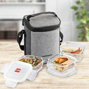 Cello Delighta Square Borosilicate Lunch Box with Jacket, 320ml, Set of 3, Clear