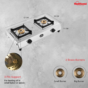 SUNFLAME SHAKTI STAINLESS STEEL 2 BURNER GAS STOVE, MANUAL - KOCHEN ESSENTIAL