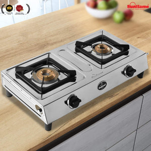 SUNFLAME SHAKTI STAINLESS STEEL 2 BURNER GAS STOVE, MANUAL - KOCHEN ESSENTIAL