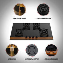 Load image into Gallery viewer, Faber Glass, Mild Steel Hobtop Utopia HT 804 BR CI Auto Electric Ignition Glass Top 4 Brass Burner (Black)

