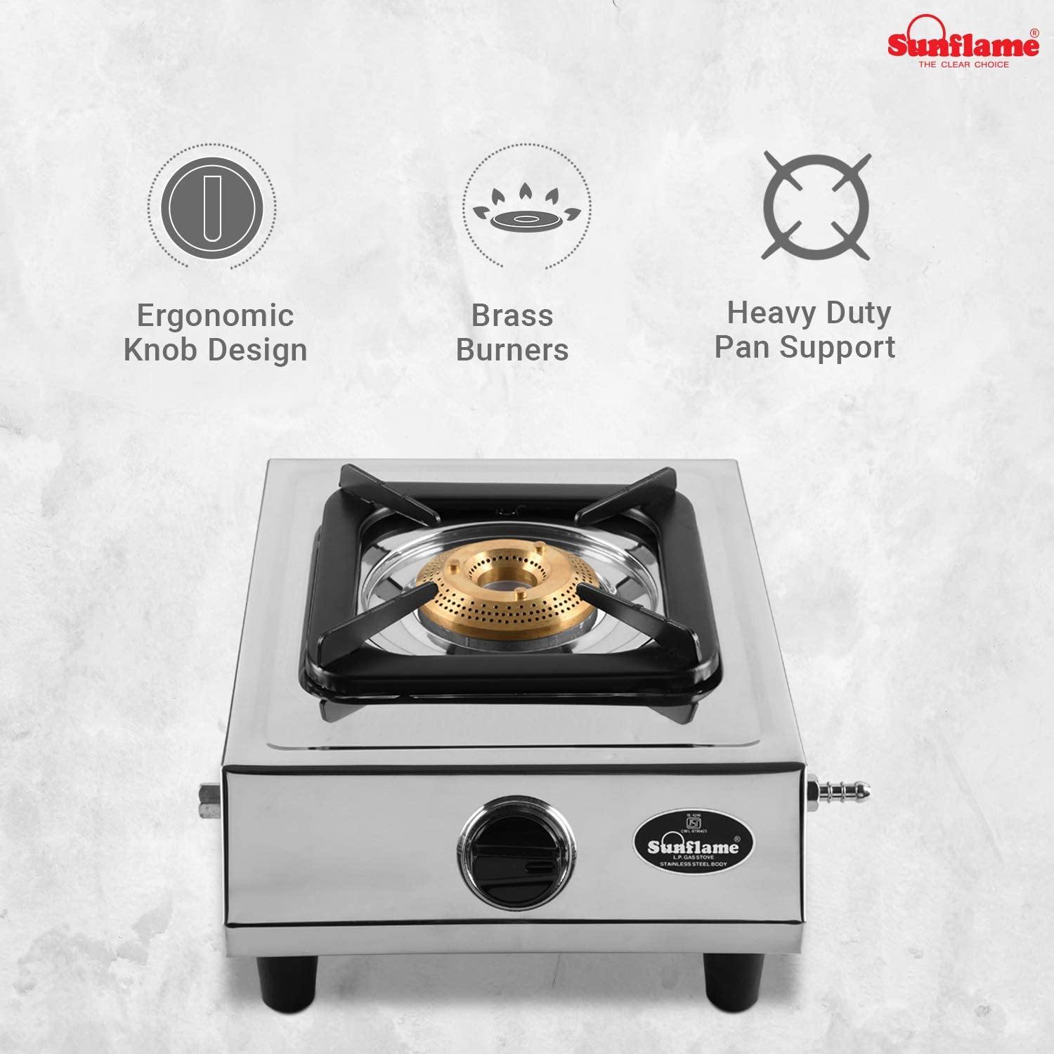 SUNFLAME STAINLESS STEEL SINGLE BURNER GAS STOVE, DLX, MANUEL