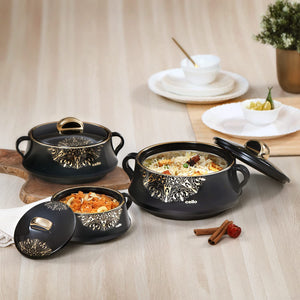 Cello Midas Casserole Gift Set with Inner Steel, 3pc(500ml, 1000ml, 1500ml), Black
