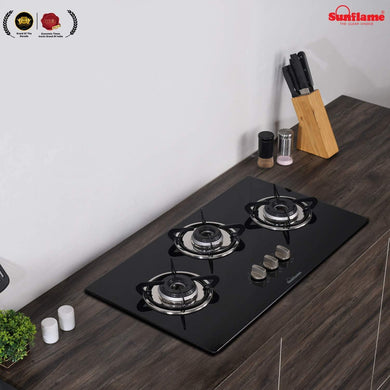 SUNFLAME LOTUS HOB 3 BURNER GAS STOVE, AUTO IGNITION,  BLACK - KOCHEN ESSENTIAL