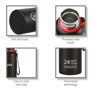 Cello Duro Tuff Steel Series- Kent Double Walled Stainless Steel Water Bottle with Durable DTP Coating, 900ml, Black