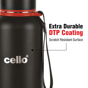 Cello Duro Tuff Steel Series- Kent Double Walled Stainless Steel Water Bottle with Durable DTP Coating, 900ml, Black