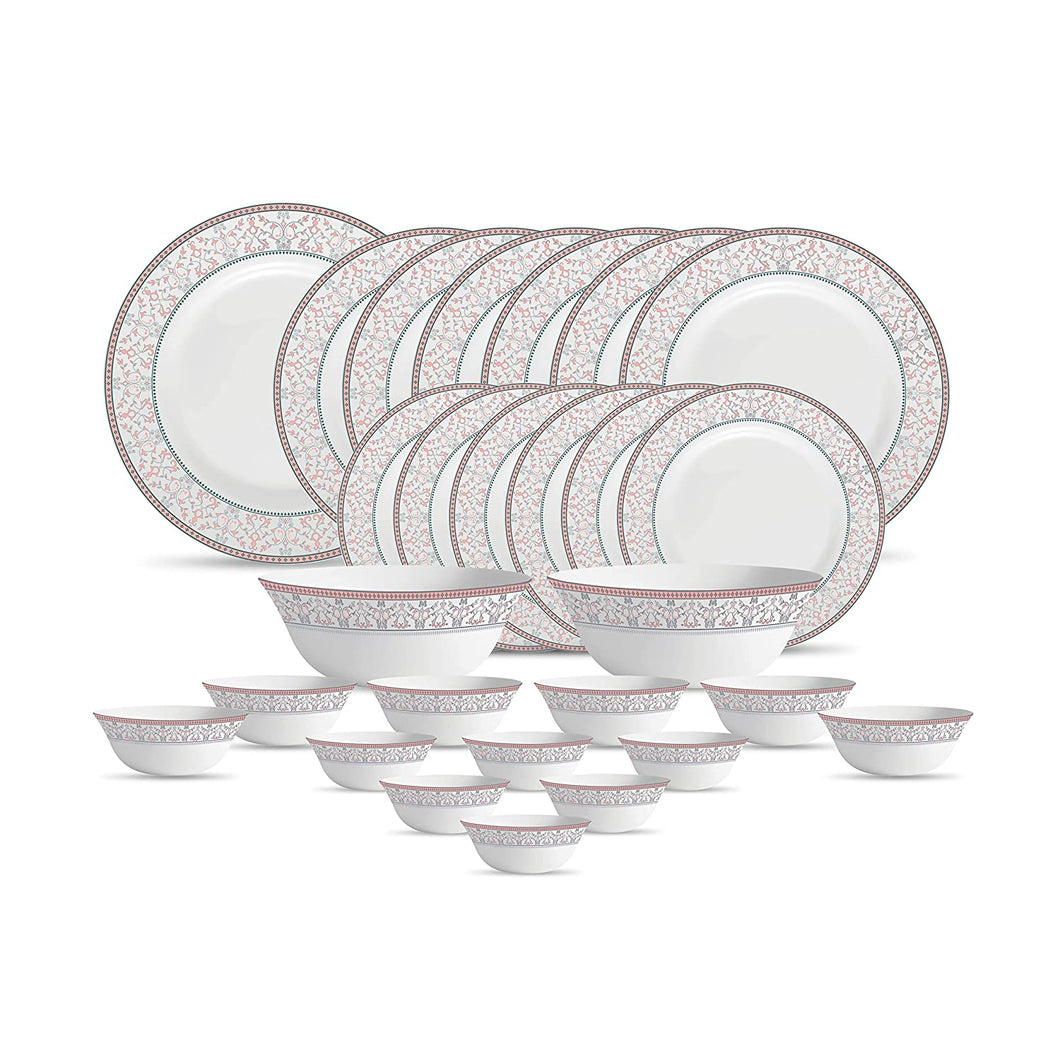 La Opala Diva, Sovrana Collection, Opal Glass Dinner Set 27 pcs, Moroccan Pink, White