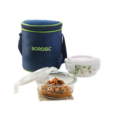 Borosil Glass Lunch Box Set of 2, 400 ml, Vertical, Microwave Safe Office Tiffin - KOCHEN ESSENTIAL