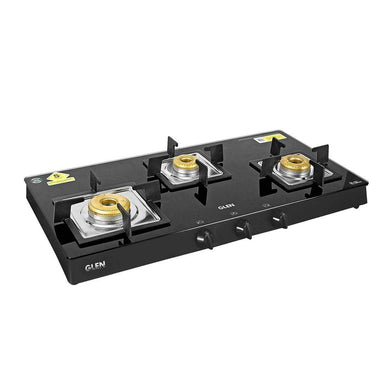 Glen 3 Burner Glass Black Cooktop 1038 SQ BL Forged Brass Burners - KOCHEN ESSENTIAL
