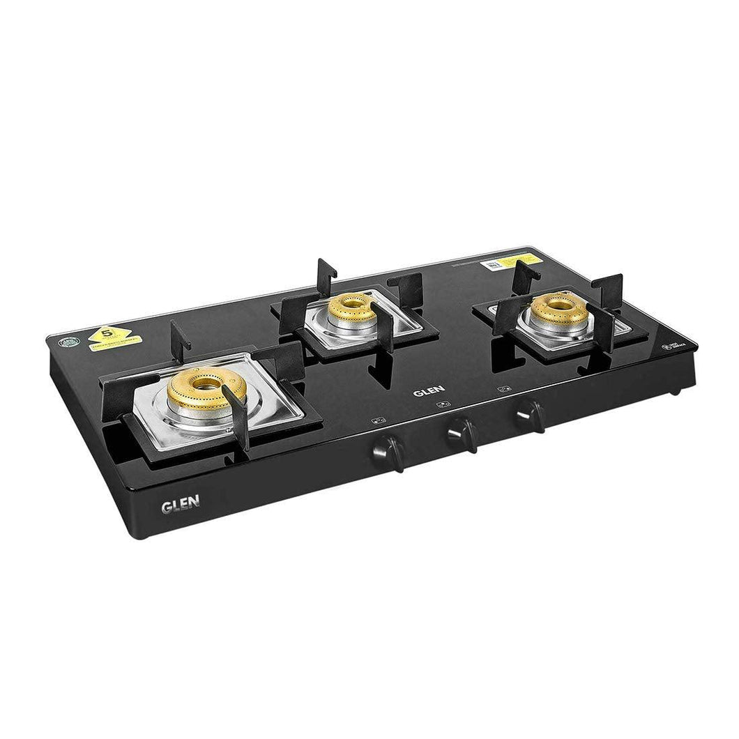 Glen 3 Burner Glass Black Cooktop 1038 SQ BL Forged Brass Burners - KOCHEN ESSENTIAL