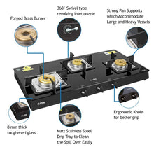 Load image into Gallery viewer, Glen 3 Burner Glass Black Cooktop 1038 SQ BL Forged Brass Burners - KOCHEN ESSENTIAL
