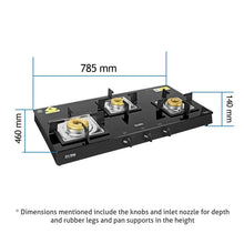 Load image into Gallery viewer, Glen 3 Burner Glass Black Cooktop 1038 SQ BL Forged Brass Burners - KOCHEN ESSENTIAL
