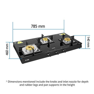 Glen 3 Burner Glass Black Cooktop 1038 SQ BL Forged Brass Burners - KOCHEN ESSENTIAL