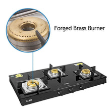 Load image into Gallery viewer, Glen 3 Burner Glass Black Cooktop 1038 SQ BL Forged Brass Burners - KOCHEN ESSENTIAL
