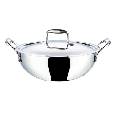 VINOD STAINLESS STEEL KADAI WITH LID, PLATINUM TRIPLY EXTRA DEEP KADAI, INDUCTION FRIENDLY - KOCHEN ESSENTIAL