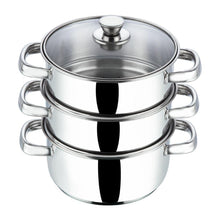 Load image into Gallery viewer, VINOD STAINLESS STEEL STEAMER WITH GLASS LID, 3-TIER STEAMER, INDUCTION FRIENDLY - KOCHEN ESSENTIAL
