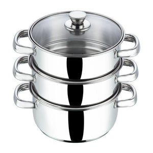 VINOD STAINLESS STEEL STEAMER WITH GLASS LID, 3-TIER STEAMER, INDUCTION FRIENDLY - KOCHEN ESSENTIAL