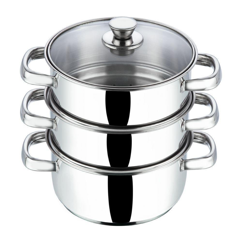 VINOD STAINLESS STEEL STEAMER WITH GLASS LID, 3-TIER STEAMER, INDUCTION FRIENDLY - KOCHEN ESSENTIAL