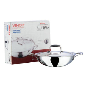 VINOD STAINLESS STEEL KADAI WITH LID, PLATINUM TRIPLY KADAI, INDUCTION FRIENDLY - KOCHEN ESSENTIAL