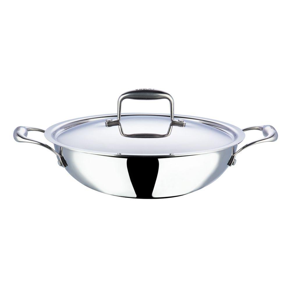 VINOD STAINLESS STEEL KADAI WITH LID, PLATINUM TRIPLY KADAI, INDUCTION FRIENDLY - KOCHEN ESSENTIAL