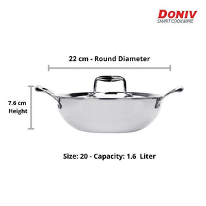 Doniv Vinod Titanium Triply Stainless Steel Kadhai with Cover, Induction Friendly - KOCHEN ESSENTIAL