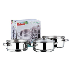 VINOD STAINLESS STEEL STEAMER WITH GLASS LID, 3-TIER STEAMER, INDUCTION FRIENDLY - KOCHEN ESSENTIAL