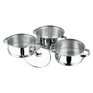 VINOD STAINLESS STEEL STEAMER WITH GLASS LID, 3-TIER STEAMER, INDUCTION FRIENDLY - KOCHEN ESSENTIAL