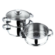 Load image into Gallery viewer, VINOD STAINLESS STEEL STEAMER WITH GLASS LID, 3-TIER STEAMER, INDUCTION FRIENDLY - KOCHEN ESSENTIAL
