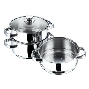 VINOD STAINLESS STEEL STEAMER WITH GLASS LID, 3-TIER STEAMER, INDUCTION FRIENDLY - KOCHEN ESSENTIAL