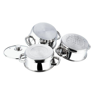 VINOD STAINLESS STEEL STEAMER WITH GLASS LID, 3-TIER STEAMER, INDUCTION FRIENDLY - KOCHEN ESSENTIAL