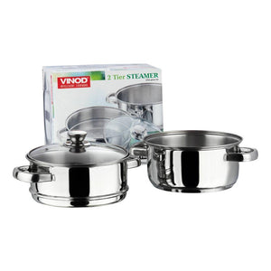 VINOD STAINLESS STEEL STEAMER WITH GLASS LID, 2-TIER STEAMER, INDUCTION FRIENDLY - KOCHEN ESSENTIAL