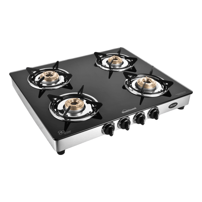 SUNFLAME CROWN 4 BURNER GAS STOVE, SS, MANUAL - KOCHEN ESSENTIAL